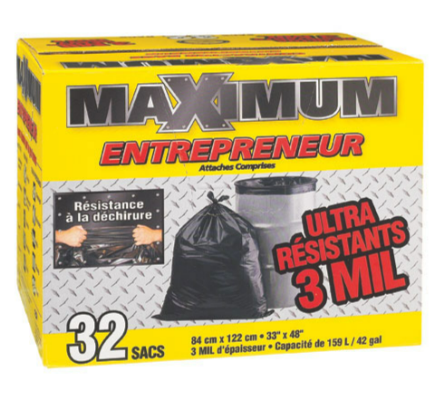 Boîte de 32 sacs à déchets ultra résistants de marque Maximum Entrepreneur, 3 MIL d'épaisseur, format 84 x 122 cm (33" x 48"), capacité de 159 L (42 gal), conçus pour une résistance maximale à la déchirure.