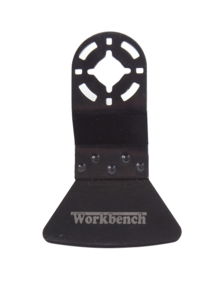 Lame d’outil oscillant noire de marque Workbench, avec une base large en forme de trapèze et un embout de fixation circulaire à encoches multiples pour compatibilité universelle.
