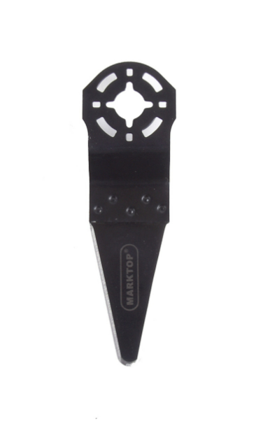 Lame d’outil oscillant noire de marque MARKTOP, de forme étroite et pointue, avec une base ronde à encoches multiples pour montage universel.