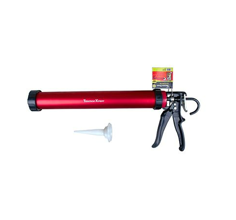 Pistolet à calfeutrer en aluminium rouge avec poignée noire, conçu pour l'application de cartouches souples de type saucisse.