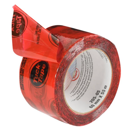 Rouleau de ruban adhésif Tuck Tape rouge, 60 mm x 55 m, utilisé pour les pare-vapeur et les barrières d’étanchéité à l’air dans la construction résidentielle.