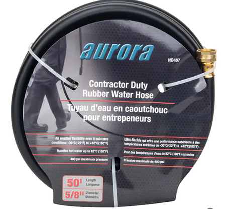 Tuyau d’arrosage en caoutchouc noir de marque Aurora, modèle pour entrepreneurs, longueur de 50 pieds (15,2 m), diamètre 5/8'', conçu pour une pression maximale de 400 psi et des températures allant de -30°C à 82°C.