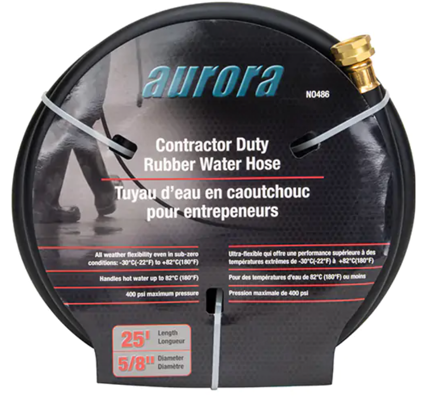 Tuyau d’arrosage en caoutchouc noir de marque Aurora, modèle pour entrepreneurs, longueur de 25 pieds (7,6 m), diamètre 5/8'', conçu pour une pression maximale de 400 psi et des températures allant de -30°C à 82°C.