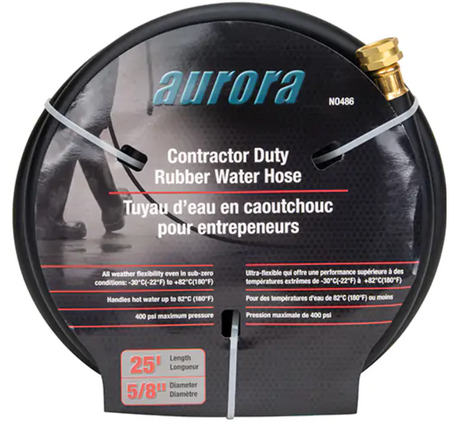Tuyau d’arrosage en caoutchouc noir de marque Aurora, modèle pour entrepreneurs, longueur de 25 pieds (7,6 m), diamètre 5/8'', conçu pour une pression maximale de 400 psi et des températures allant de -30°C à 82°C.