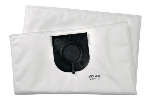 Sacs filtres à poussière blancs avec attaches noires VC 40, matériau synthétique fin.
