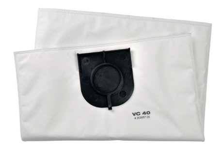 Sacs filtres à poussière blancs avec attaches noires VC 40, matériau synthétique fin.