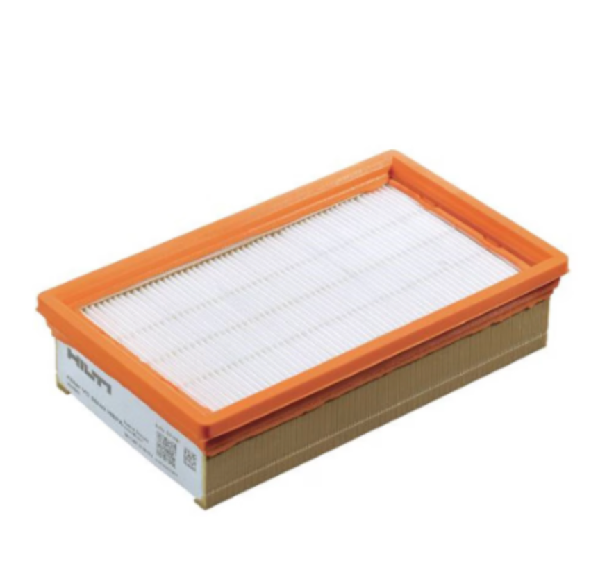Filtre à air rectangulaire Hilti avec cadre orange, grille blanche en surface et plis filtrants verticaux, conçu pour aspirateurs ou équipements industriels.