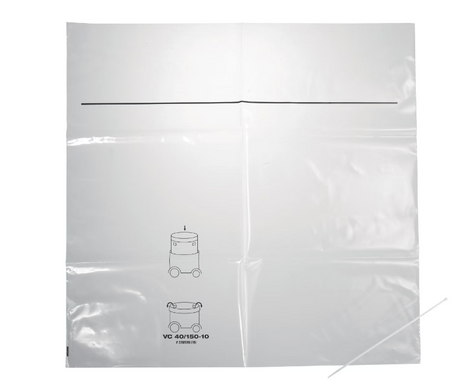 Sac en plastique transparent pour aspirateur industriel Hilti VC 40/150-10, avec illustrations imprimées montrant le mode d’installation.