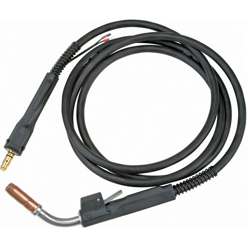 Pistolet MIG refroidi à l'air avec câble noir flexible et embout cuivre courbé pour soudage.