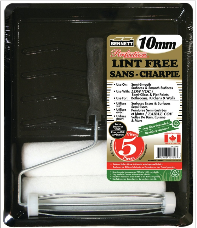 Ensemble de peinture Bennett Perfection sans charpie, comprenant un bac, un rouleau de 10 mm, une monture et deux recharges, pour surfaces lisses ou semi-lisses.