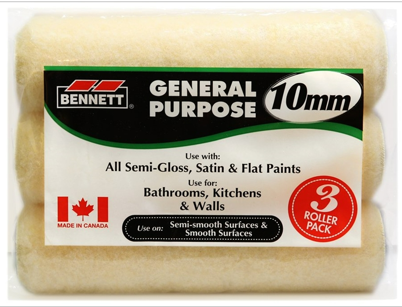 Paquet de 3 rouleaux Bennett 10 mm usage général, pour peintures semi-lustrées, satinées et mates, adapté aux murs, cuisines et salles de bain.