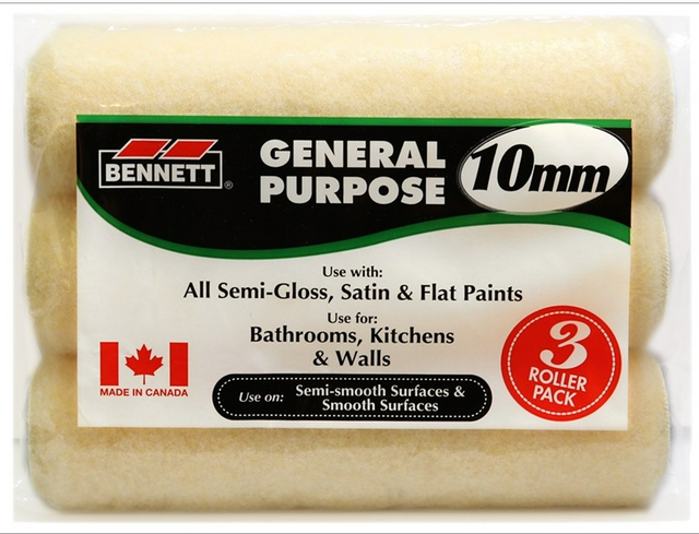 Paquet de 3 rouleaux Bennett 10 mm usage général, pour peintures semi-lustrées, satinées et mates, adapté aux murs, cuisines et salles de bain.