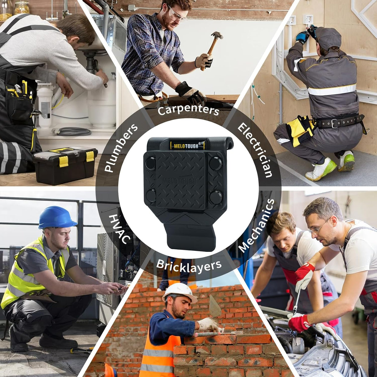 Porte-outils magnétique MELOTOUGH pour ceinture, montage illustrant divers métiers de la construction