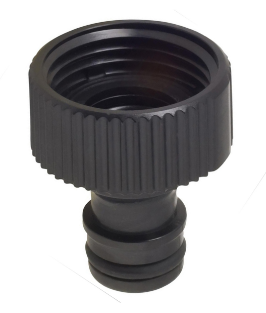 Adaptateur de tuyau d’arrosage en plastique noir avec filetage intérieur et embout à double joint torique pour connexion rapide.