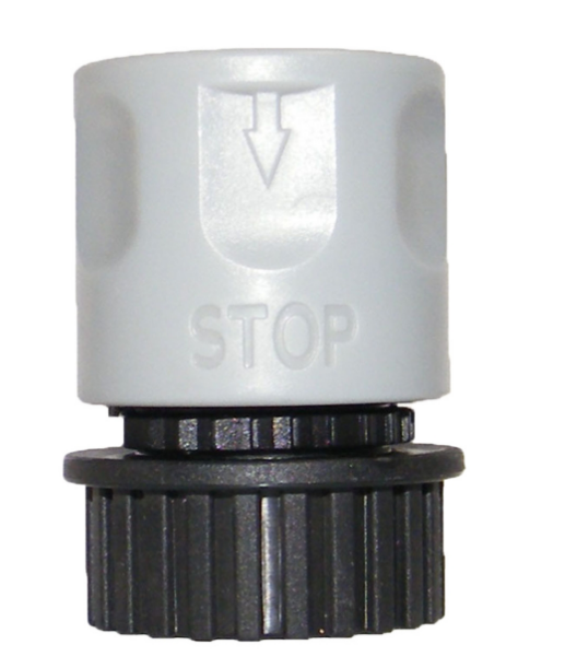 Raccord de tuyau d’arrosage en plastique gris et noir avec mécanisme d’arrêt automatique, marqué "STOP" avec une flèche directionnelle gravée sur le dessus.