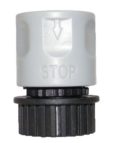 Raccord de tuyau d’arrosage en plastique gris et noir avec mécanisme d’arrêt automatique, marqué "STOP" avec une flèche directionnelle gravée sur le dessus.