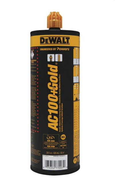 Cartouche cylindrique de colle DeWalt AC100+Gold noire avec des accents jaunes et un bouchon jaune, affichant le logo DeWalt, la mention "Engineered by Powers", ainsi que plusieurs logos de certification et un code-barres.