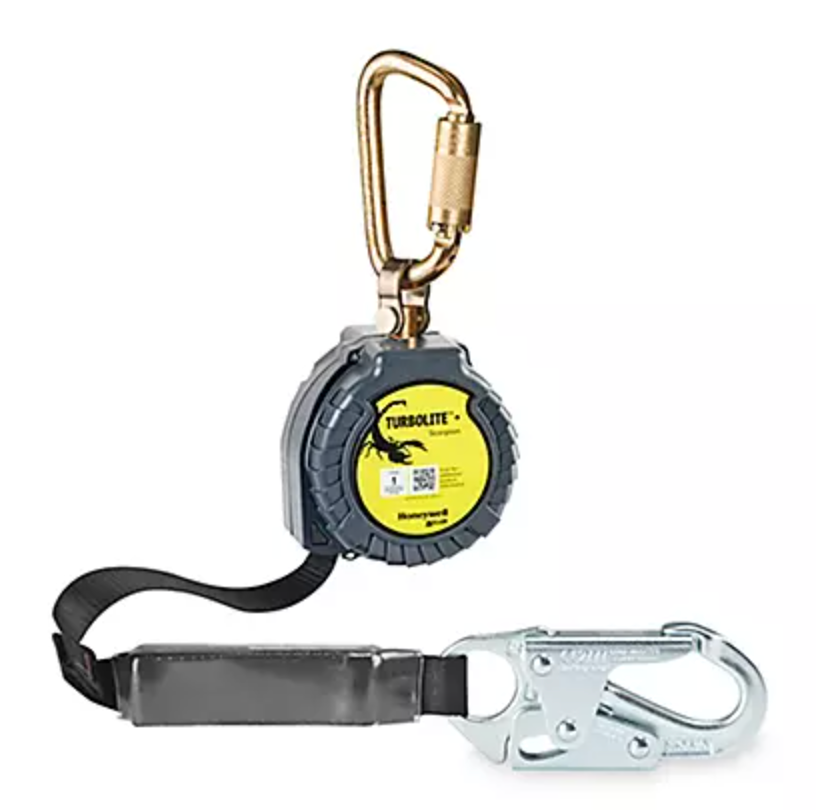 Antichute à enrouleur automatique Honeywell TurboLite avec mousqueton à verrouillage et crochet de sécurité, conçu pour la protection contre les chutes en milieu de travail en hauteur.