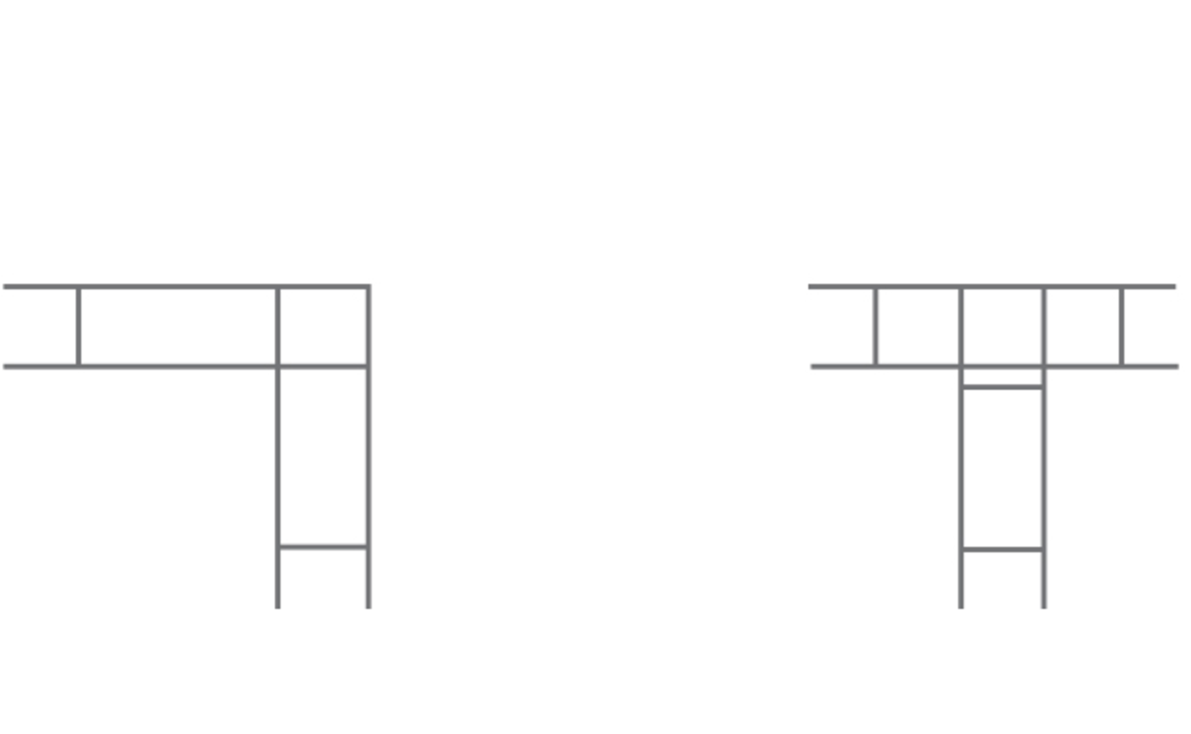 Schéma technique montrant deux types d’armatures en L et en T pour murs de maçonnerie, avec treillis métallique horizontal et vertical pour le renforcement des coins.