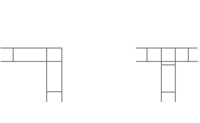 Schéma technique montrant deux types d’armatures en L et en T pour murs de maçonnerie, avec treillis métallique horizontal et vertical pour le renforcement des coins.