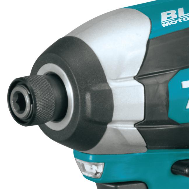 Close-up of the 1/4 in. hex chuck of a Makita brushless impact driver