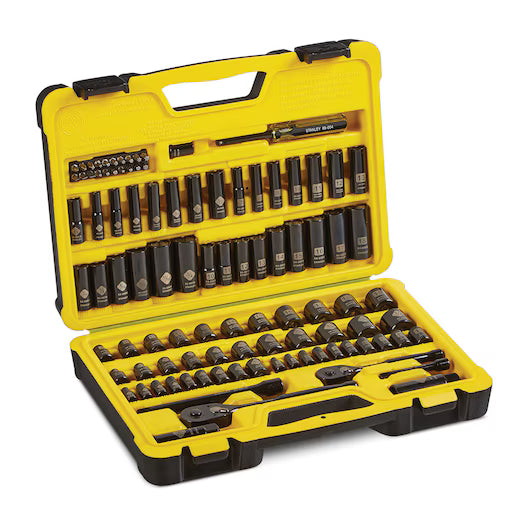 Open yellow Stanley case with black chrome socket set and two ratchets