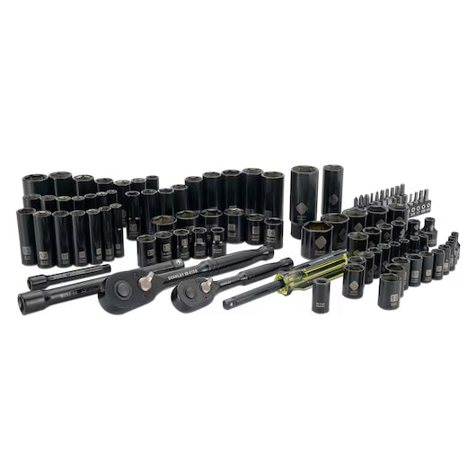 Stanley black chrome socket set laid out with ratchets, bits and extensions