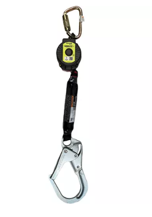 Dispositif antichute à enrouleur automatique THORZT avec mousqueton supérieur et crochet de sécurité inférieur, étiquette jaune visible avec marquage de conformité.