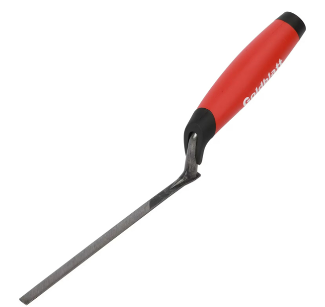 Truelle de rejointement XPRS lame fine en acier manche ergonomique rouge et noir.