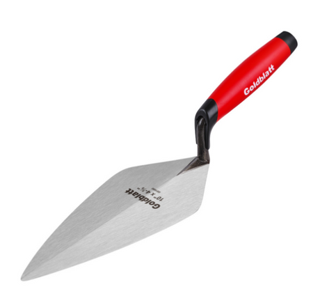 Truelle de maçonnerie avec lame en acier inoxydable et poignée ergonomique rouge noir.