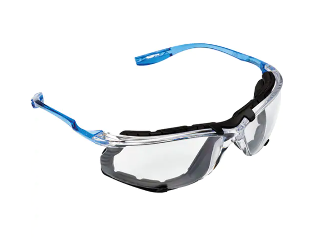 Lunettes de sécurité transparentes avec branches bleues et coussinets intérieurs noirs pour un confort accru.