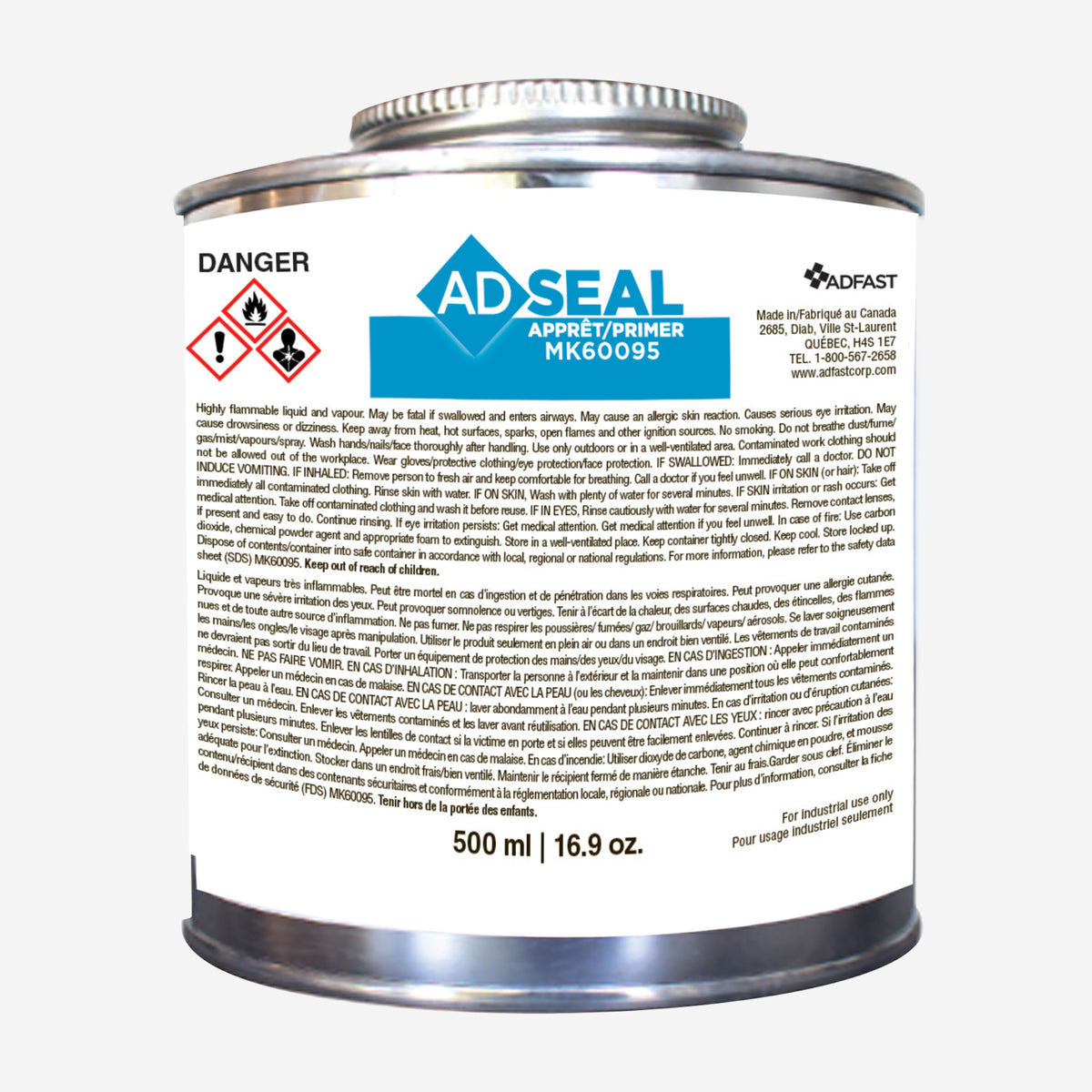 Boîte métallique de 500 ml d'apprêt Adfast Ad-Seal MK60095 avec étiquette blanche et bleue
