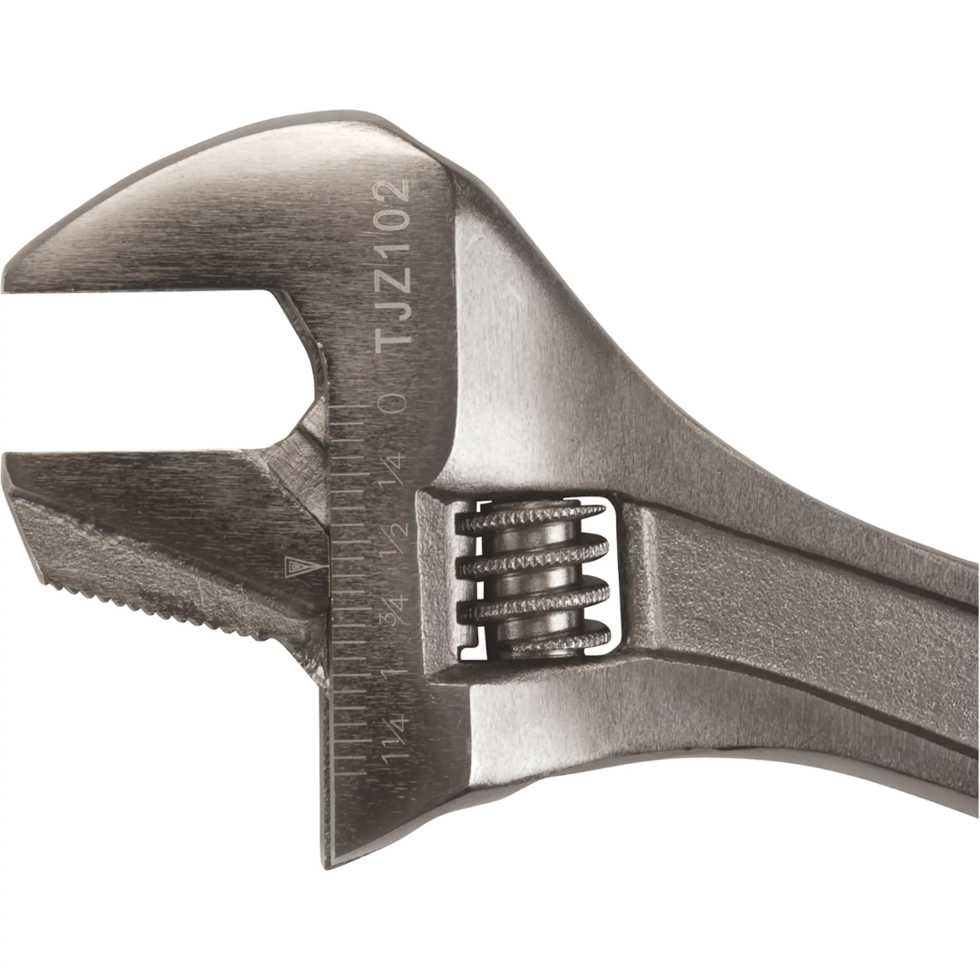 Close-up of Aurora TJZ102 adjustable wrench with serrated jaw and measuring scale