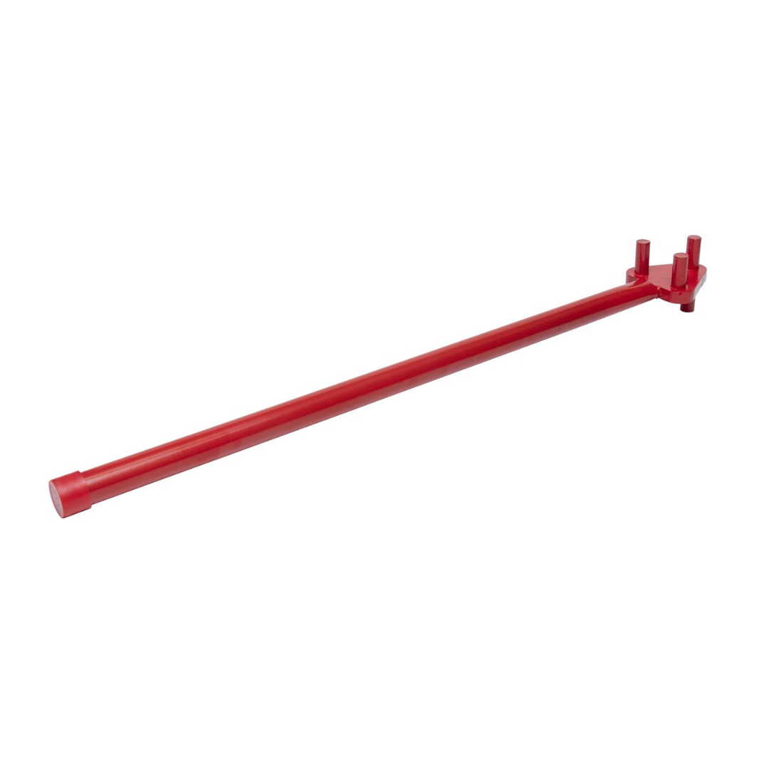 Cintreuse manuelle rouge pour barre d'armature vue en angle, tête à trois goujons