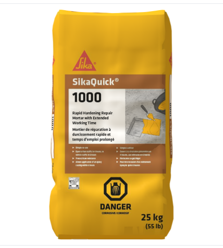 Sac de 25 kg de coulis Sika Quick 1000 jaune avec étiquette texturée noire et photo de réparation rapide.