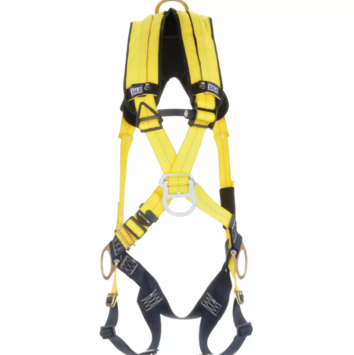 Harnais de sécurité antichute jaune et noir de marque SALA, avec anneaux en D latéraux, point d’ancrage dorsal, rembourrage aux épaules et sangles ajustables pour un confort et une protection optimale en hauteur.