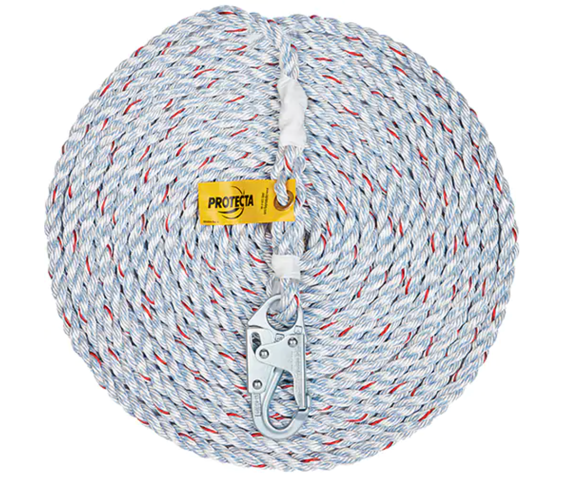 Cordage de sécurité Protecta avec mousqueton en acier, conçu pour les systèmes de protection contre les chutes. Corde torsadée blanche avec inserts rouges et bleus, adaptée aux travaux en hauteur.