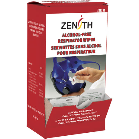 Boîte de lingettes sans alcool pour respirateur de la marque Zenith, conçues pour le nettoyage hygiénique de l’équipement de protection individuelle, avec une illustration montrant une personne essuyant un masque respiratoire bleu.
