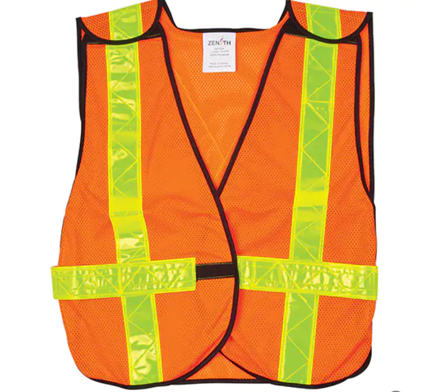 Gilet de sécurité haute visibilité de couleur orange avec bandes réfléchissantes jaunes en croix, fabriqué par Zenith.