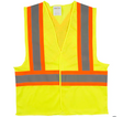 Gilet de sécurité jaune fluo avec bandes réfléchissantes grises encadrées de bandes orange, modèle Zenith, conçu pour une visibilité optimale.