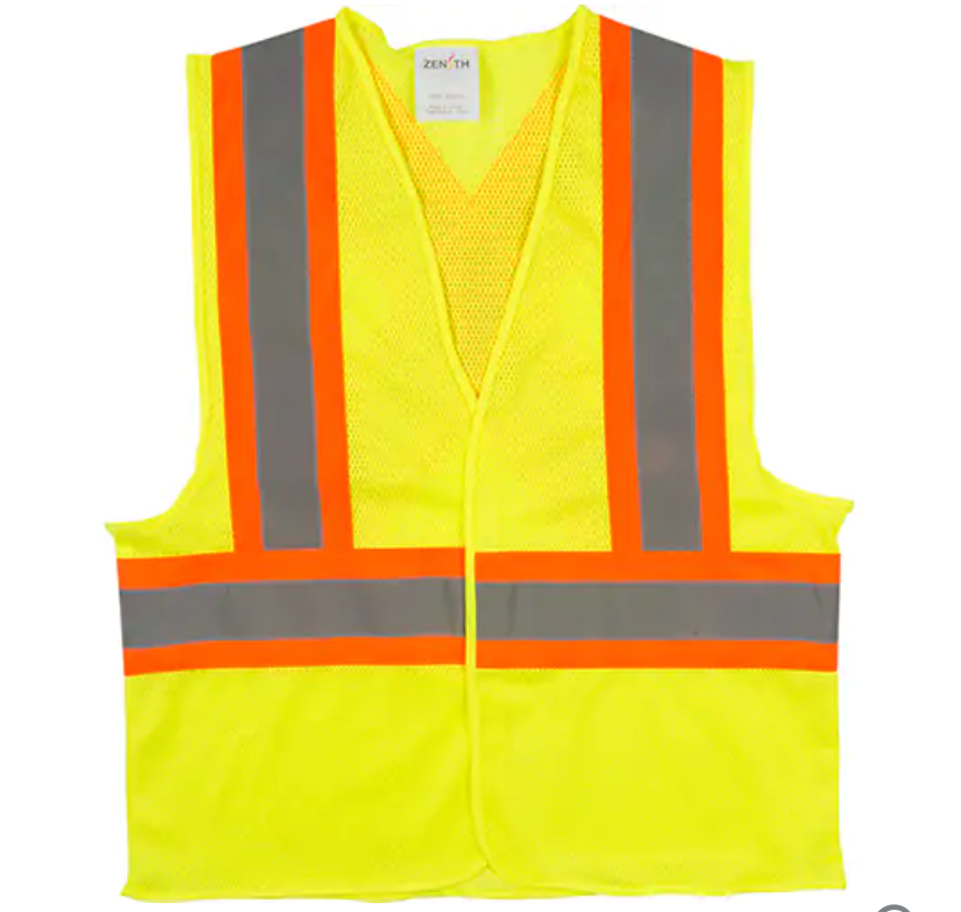 Gilet de sécurité jaune fluo avec bandes réfléchissantes grises encadrées de bandes orange, modèle Zenith, conçu pour une visibilité optimale.