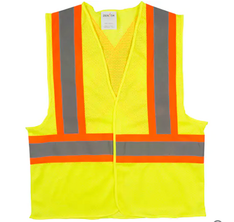 Gilet de sécurité jaune fluo avec bandes réfléchissantes grises encadrées de bandes orange, modèle Zenith, conçu pour une visibilité optimale.
