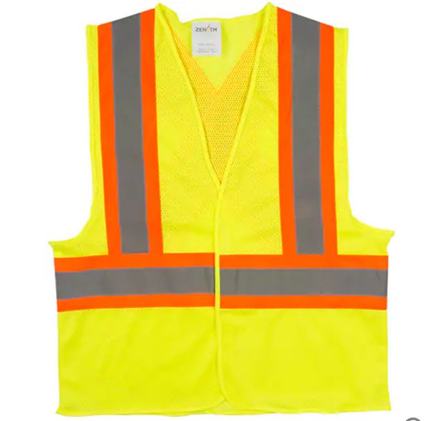 Gilet de sécurité jaune fluo avec bandes réfléchissantes grises encadrées de bandes orange, modèle Zenith, conçu pour une visibilité optimale.