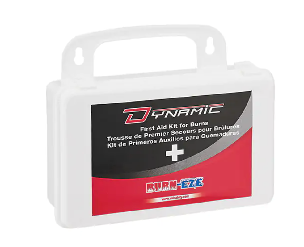 Trousse de premiers soins Dynamic pour brûlures, en boîtier rigide blanc avec poignée, affichant une étiquette multilingue (anglais, français, espagnol) et le logo "Burn-Eze".