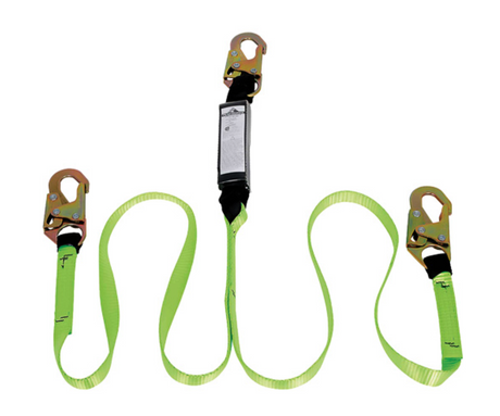 Longe de sécurité en Y avec absorbeur d’énergie intégré, équipée de trois crochets de sécurité en acier et d'une sangle fluorescente verte, conçue pour le travail en hauteur et la protection contre les chutes.