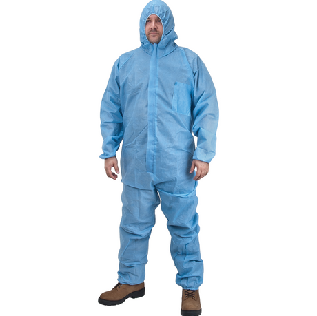Light blue polypropylene hooded coverall with front zipper and elastic cuffs worn with work boots.