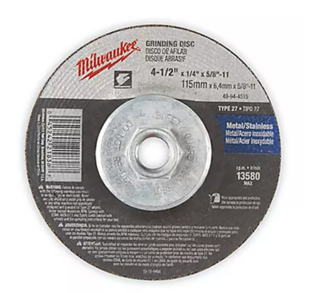 Disque abrasif Milwaukee de 4-1/2" x 1/4" x 5/8"-11, modèle Type 27, conçu pour le meulage du métal et de l’acier inoxydable, avec filetage central.