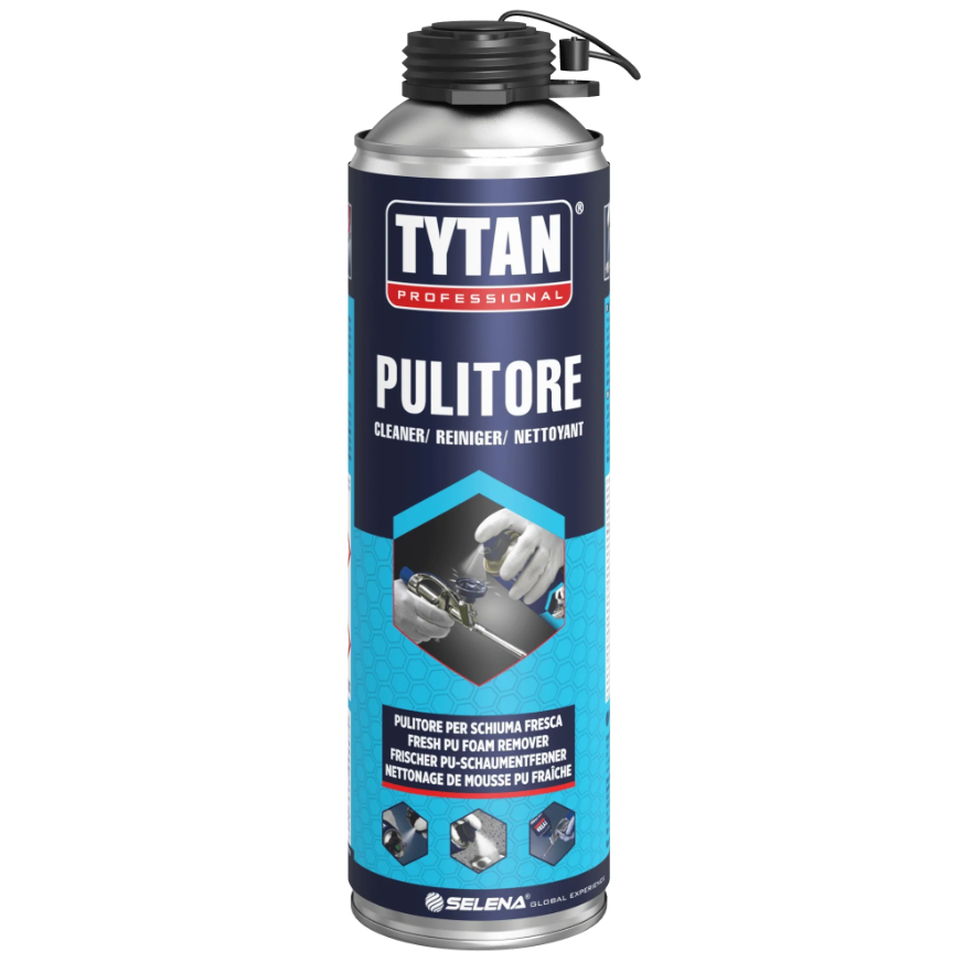 Aérosol de nettoyant TYTAN Professional "Pulitore" pour mousse PU fraîche, utilisé pour le nettoyage d’outils et de surfaces.