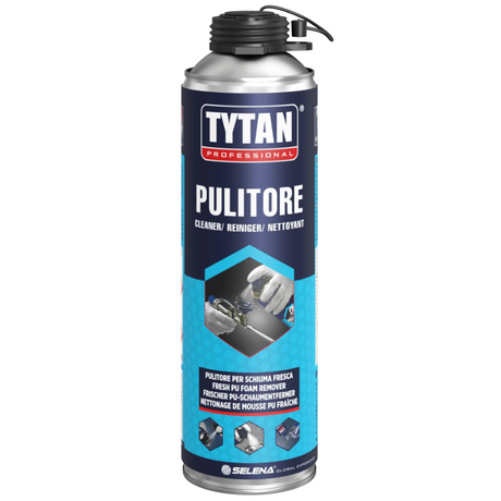Aérosol de nettoyant TYTAN Professional "Pulitore" pour mousse PU fraîche, utilisé pour le nettoyage d’outils et de surfaces.