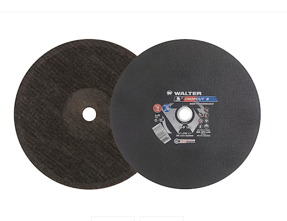 Deux meules à tronçonner noires de 14 pouces avec centre en métal, une avec étiquette Walter XPRS.